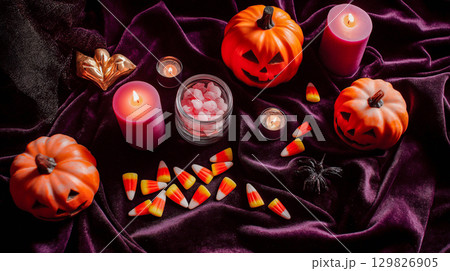 Charming Halloween flatlay with cute jack o lanterns Charming Halloween flatlay with cute jack o lanterns 129826905