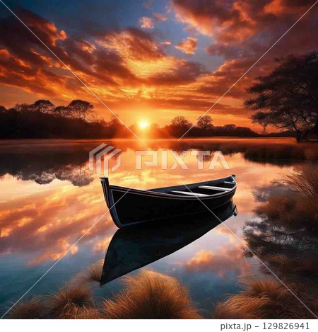 夕日に輝く湖 夕日に輝く湖 129826941