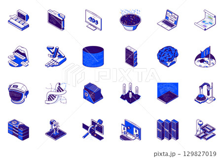 Programming concept of 3d isometric icons set. Collection with computer code, coding program, software, python, html, java, script, computing and more in isometry design for web. Vector illustration. 129827019