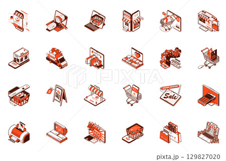E-commerce concept of 3d isometric icons set. Collection with shopping, online shop, internet store, search, basket, supermarket cart, order and more in isometry design for web. Vector illustration. E-commerce concept of 3d isometric icons set. Collection with shopping, online shop, internet store, search, basket, supermarket cart, order and more in isometry design for web. Vector illustration. 129827020