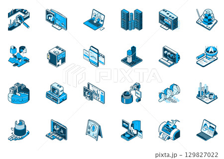 Analysis concept of 3d isometric icons set. Collection with chart, computer, diagram, data computing, graph, finance information, analyzing and more in isometry design for web. Vector illustration. 129827022