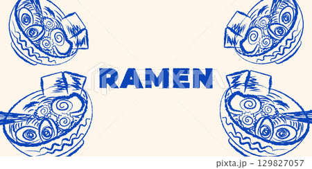Stylish ramen bowl vector illustration in hand-drawn pencil sketch style. Japanese Asian cuisine food design for menu, restaurant, web, advertising, traditional noodle soup artwork 129827057