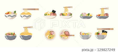 Large vector set of ramen illustrations in light plates. Asian Japanese traditional food. noodles. elements for banners, posters, printed products, advertising, branding Large vector set of ramen illustrations in light plates. Asian Japanese traditional food. noodles. elements for banners, posters, printed products, advertising, branding 129827249