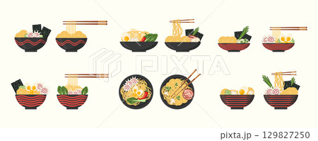 Large vector set of ramen illustrations in dark plates. Asian Japanese traditional food. noodles. elements for banners, posters, printed products, advertising, branding 129827250