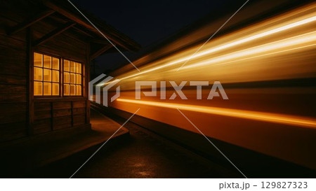 夜の無人駅と通過する電車の光跡 129827323