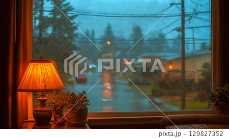Cozy window view of rainy streets 129827352