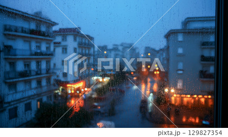 Cozy rainy view from a window in the city 129827354