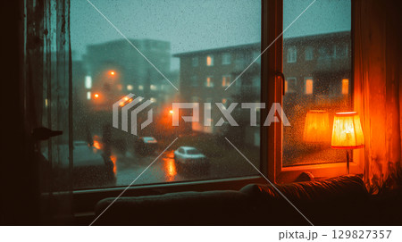 Cozy and lonely rainy evening from a window view 129827357