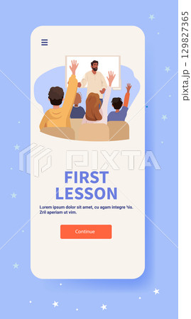 Back to school classroom teacher students raising hands learning scene modern mobile app interface blue background 129827365