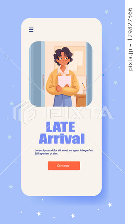 Student late arrival back to school concept anxious boy holding papers standing in classroom doorway mobile app screen pastel colors stars 129827366