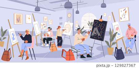 Art students painting classroom creative learning environment diverse young people drawing easels modern studio plants backpacks wall decor 129827367