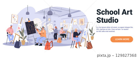 School art studio classroom students painting creative activities easels backpacks modern interior plants wall decor website banner 129827368