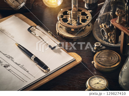 スチームパンクな研究所に茶けた何かの図面 スチームパンクな研究所に茶けた何かの図面 129827410