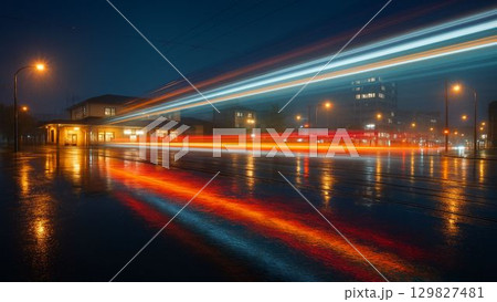 夜の街を走る路面電車と光の軌跡 129827481