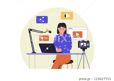 Female Content Creator Recording Video and Streaming Illustration 129827555