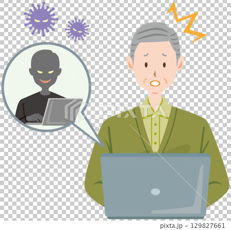 コンピューターウィルスの被害にあう高齢男性　 129827661