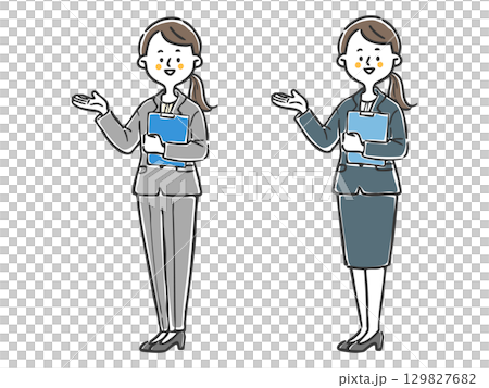 Female office worker holding a file and giving instructions, full body vector 129827682
