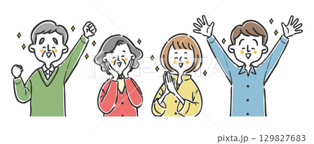 喜んでいる家族二世帯　上半身　ベクター 129827683