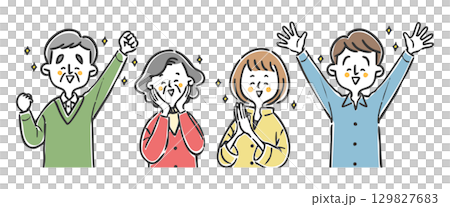 喜んでいる家族二世帯　上半身　ベクター 129827683