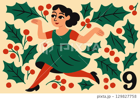 Nine ladies dancing. The twelve days of Christmas. English Christmas carol. Ninth day. Vector isolated illustration 129827758