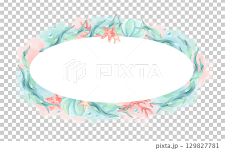 Watercolor nautical seaweed oval frame, seashell, corals on turquoise pink spot with bubbles. Marine style illustration template isolated from background. Children's art underwater plants postcard 129827781