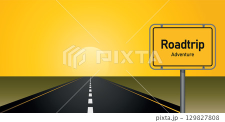 road trip adventure in mountain landscape at sunset vector illustration 129827808