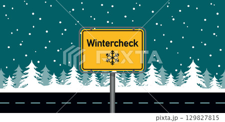 wintercheck traffic sign on snowy winter landscape background vector illustration 129827815