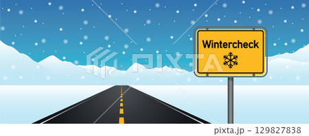 straight asphalted road in winter landscape with winter check traffic sign vector illustration 129827838