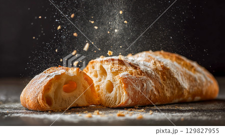 Freshly baked ciabatta bread on a dark surface 129827955