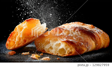 Freshly baked ciabatta bread with flour sprinkle 129827959