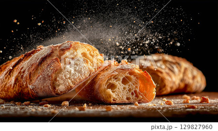 Freshly baked ciabatta on a dark background 129827960