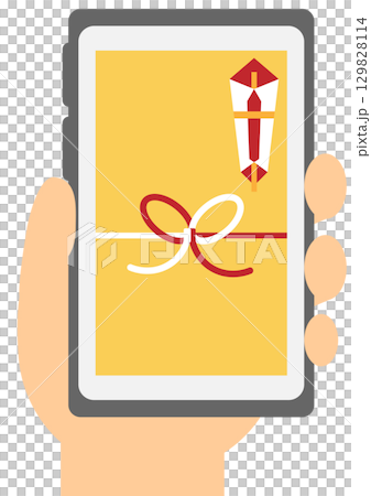 持っているスマートフォンにお年玉袋が表示されているイメージ素材 持っているスマートフォンにお年玉袋が表示されているイメージ素材 129828114