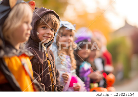 ハロウィンで仮装した子供たち。キャンディを持つ笑顔の女の子のポートレート 129828154