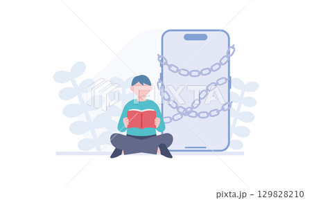 スマホを置いて読書をする男性 スマホを置いて読書をする男性 129828210