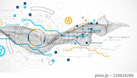 Abstract data background with wireframe wave and circuit lines. Technology concept. Vector 129828266