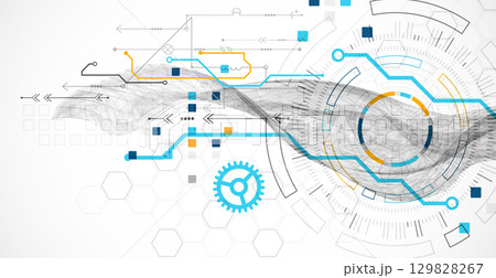 Abstract data background with wireframe wave and circuit lines. Technology concept. Vector 129828267