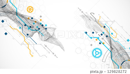 Abstract data background with wireframe wave and circuit lines. Technology concept. Vector 129828272