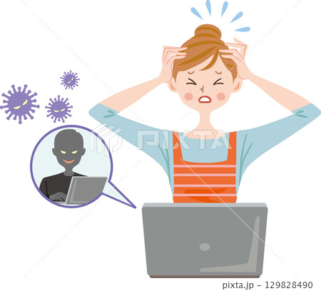パソコンをハッキングされた主婦　コンピューターウィルス　不正アクセスされた女性 129828490