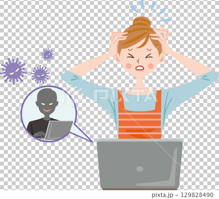 パソコンをハッキングされた主婦　コンピューターウィルス　不正アクセスされた女性 129828490