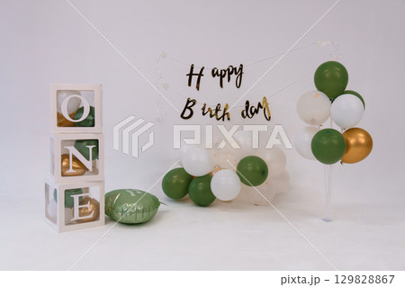 First Birthday Celebration Backdrop with ONE Blocks and Balloons in Green, White, Gold - Party Decor Theme First Birthday Celebration Backdrop with ONE Blocks and Balloons in Green, White, Gold - Party Decor Theme 129828867