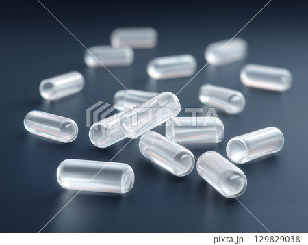 透明なプラスチック樹脂ペレットのクローズアップ	 129829038