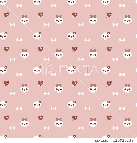seamless minimal skull and bone halloween repeat pattern in pink background, flat jpg illustration graphic design seamless minimal skull and bone halloween repeat pattern in pink background, flat jpg illustration graphic design 129829235