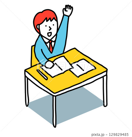 教室で授業を受けるクラスメイト 手を挙げて質問する男子のイラスト 自習する中学生・高校生 教室で授業を受けるクラスメイト 手を挙げて質問する男子のイラスト 自習する中学生・高校生 129829485