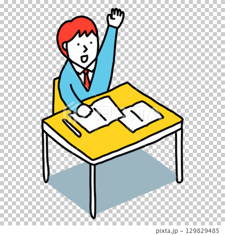 教室で授業を受けるクラスメイト 手を挙げて質問する男子のイラスト 自習する中学生・高校生 教室で授業を受けるクラスメイト 手を挙げて質問する男子のイラスト 自習する中学生・高校生 129829485