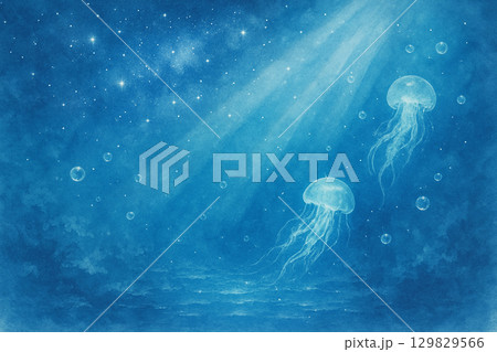 クラゲと泡が漂う幻想的な海の水彩風イラスト背景 129829566