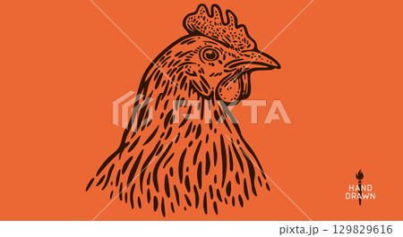 Chicken, farm hen sketch. Hand drawn. Vintage retro print hen, black drawing chicken, engrave old school style. Sketch artwork silhouette rooster, chicken, hen, white background. Vector Illustration 129829616
