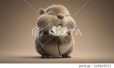 Serene Hamster Holding a White Lotus 129829721