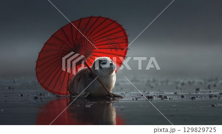 Seal with Red Wagasa on Shoreline 129829725
