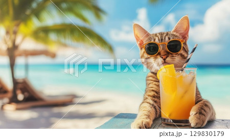 cool cat drinking cocktail on tropical beach illustration 129830179