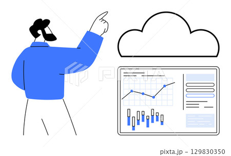 Business professional pointing at cloud computing icon with a display of data analytics on a screen. Ideal for data analysis, business strategy, cloud computing, technology trends, market research 129830350